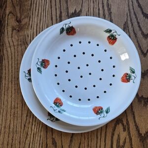 Vintage Apilco Porcelain Strawberry Fruit Colander Bowl and Plate Set